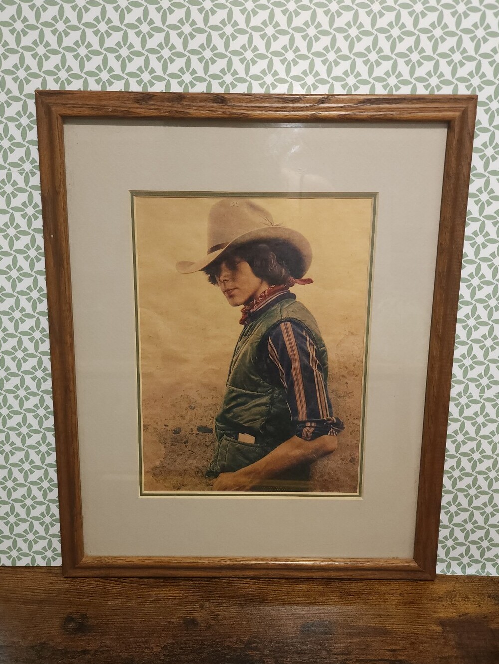1970s Framed Western Cowboy Art Print in Brown and Cream
